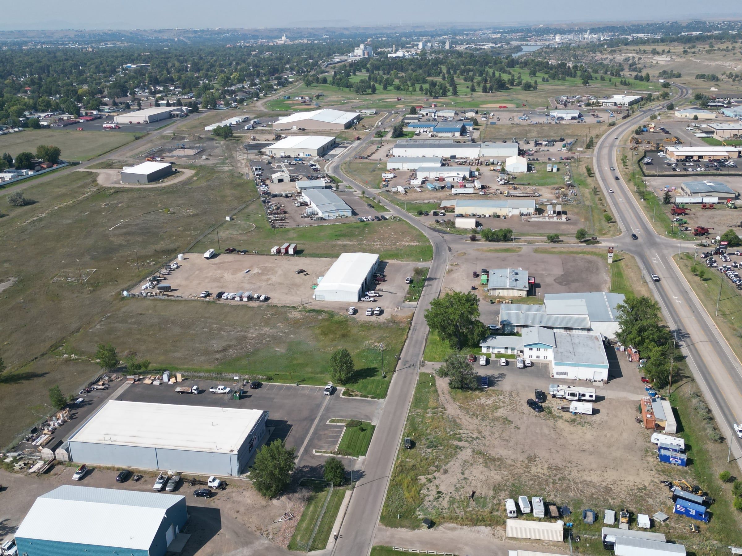 Aerial view of a Great Falls industrial and commercial district